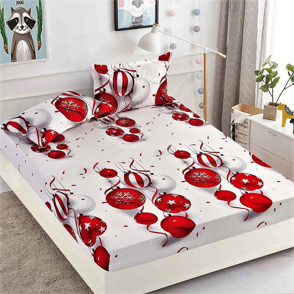 Huse cu Elastic Bumbac Finet Craciun Albe Ornamente Rosii HCJ29