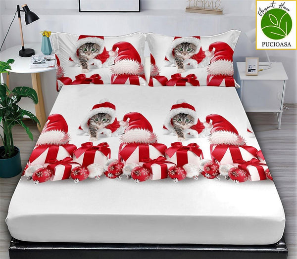 Huse de Pat cu Elastic Bumbac Finet Pat Dublu Craciun Albe Pisici HCR18