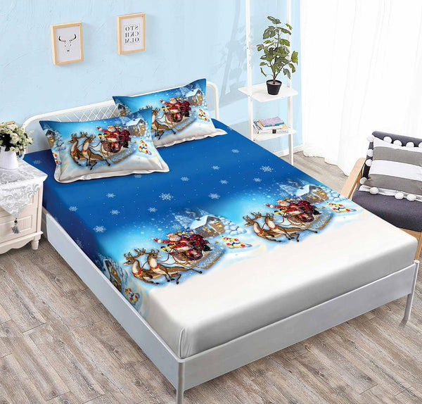Huse de Pat cu Elastic Bumbac Finet Pat Dublu Craciun Albastre Reni HCR26
