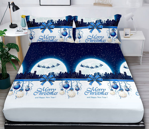 Huse de Pat cu Elastic Bumbac Finet Pat Dublu Craciun Albe Albastre Globulete HCR04