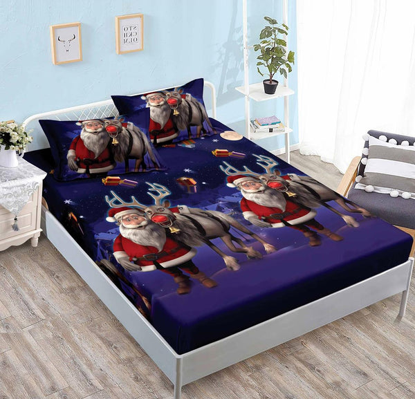Huse de Pat cu Elastic Bumbac Finet Pat Dublu Craciun Mov Reni HCR31