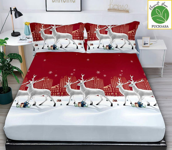 Huse de Pat cu Elastic Bumbac Finet Pat Dublu Craciun Rosii Albe Reni HCR13