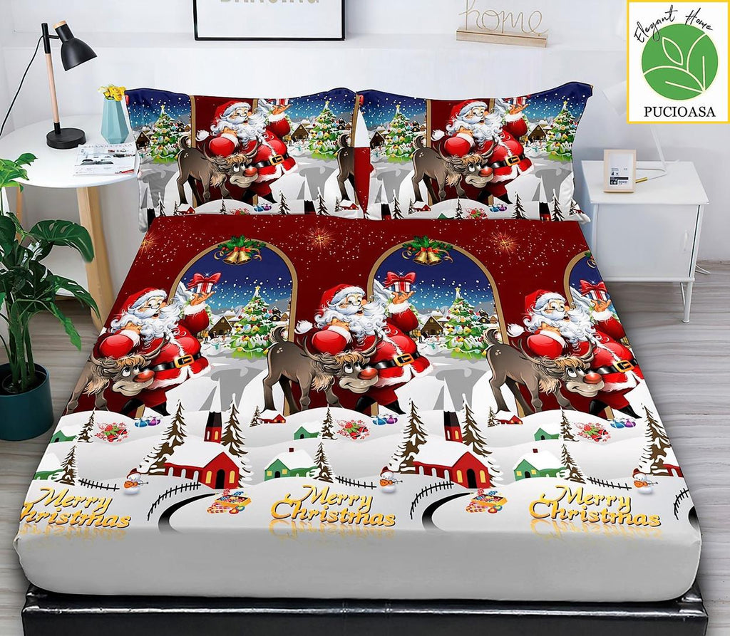 Huse de Pat cu Elastic Bumbac Finet Pat Dublu Craciun Rosie Peisaj de Sarbatoare HCR14
