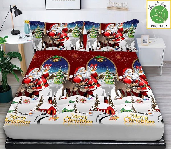 Huse de Pat cu Elastic Bumbac Finet Pat Dublu Craciun Rosie Peisaj de Sarbatoare HCR14