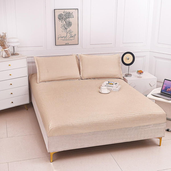 Huse de pat cu Elastic Bumbac Damasc Pat Dublu Bej Deschis CD710