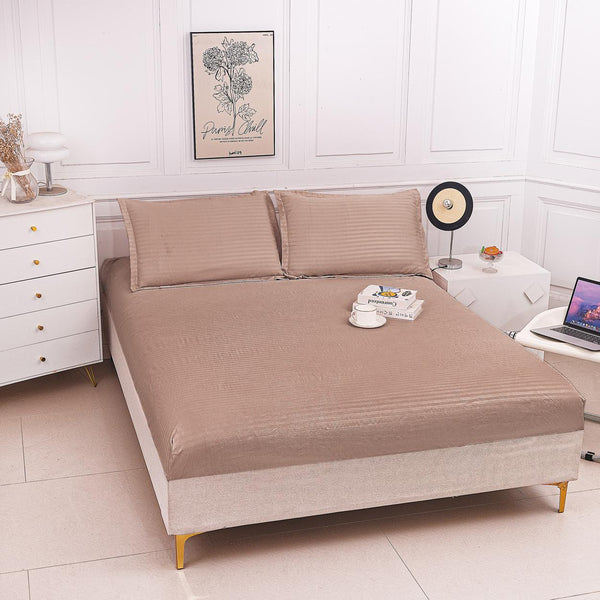 Huse de pat cu Elastic Bumbac Damasc Pat Dublu Bej Inchis CD707