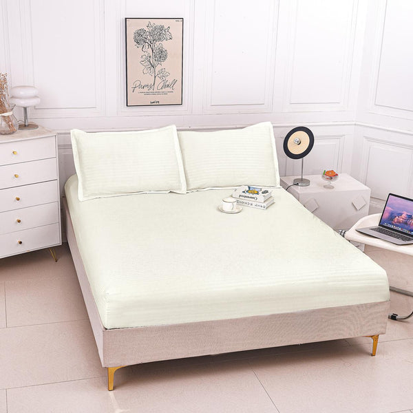 Huse de pat cu Elastic Bumbac Damasc Pat Dublu Crem CD704