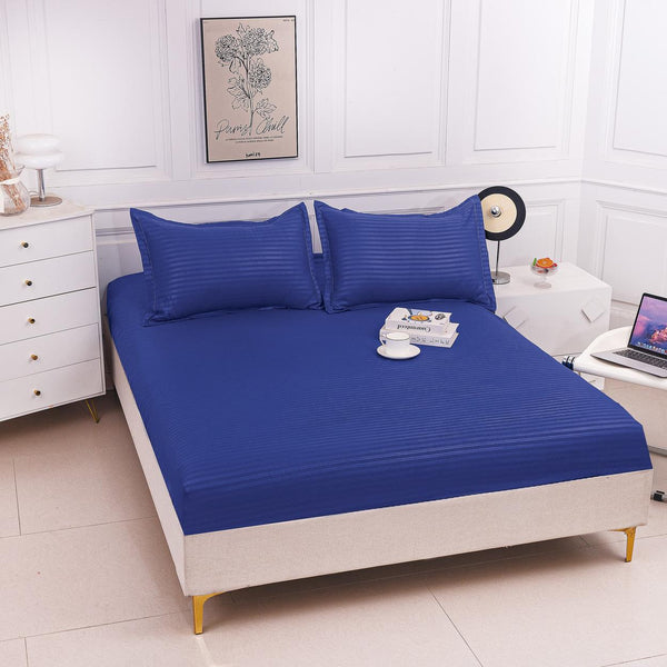 Huse de pat cu Elastic Bumbac Damasc Pat Dublu Albastre CD751