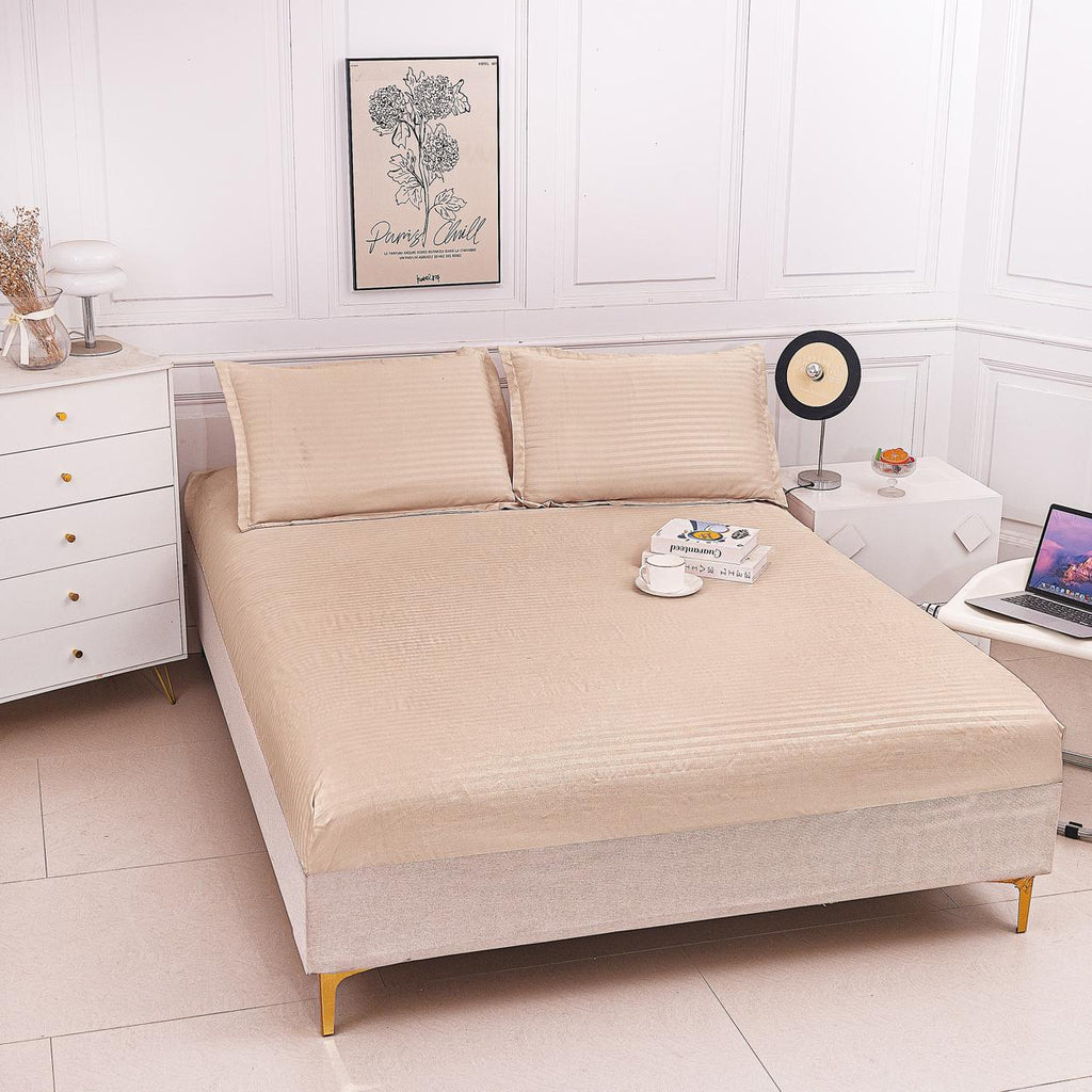 Huse de pat cu Elastic Bumbac Damasc Pat Dublu Bej Deschis CD760
