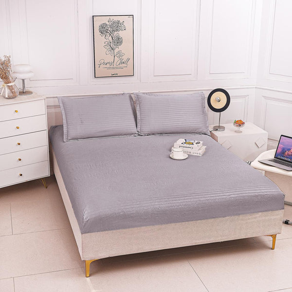 Huse de pat cu Elastic Bumbac Damasc Pat Dublu Gri Deschis CD755