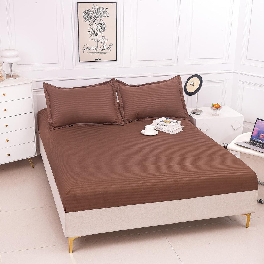 Huse de pat cu Elastic Bumbac Damasc Pat Dublu Maro CD756
