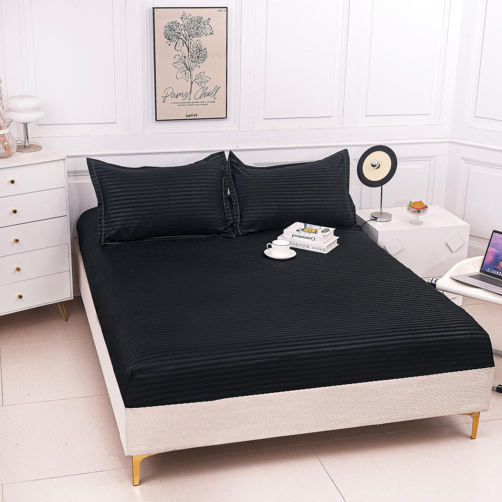 Huse de pat cu Elastic Bumbac Damasc Pat Dublu Negre CD752