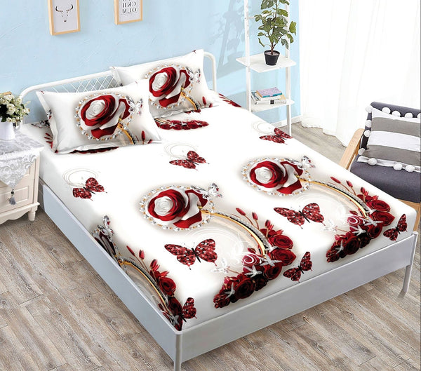 cearceaf pat cu elastic husa bumbac satinat superior 160x200 alb rosu flori CF10