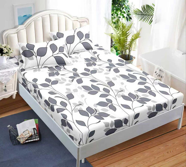 cearceaf pat cu elastic husa bumbac satinat superior 160x200 alb gri frunze CF73