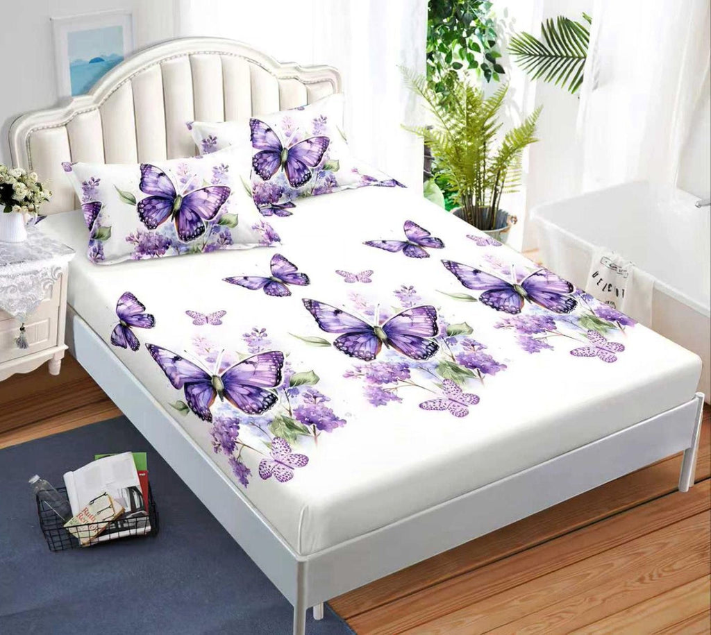 cearceaf pat cu elastic husa bumbac satinat superior 160x200 alb mov fluturasi CF32