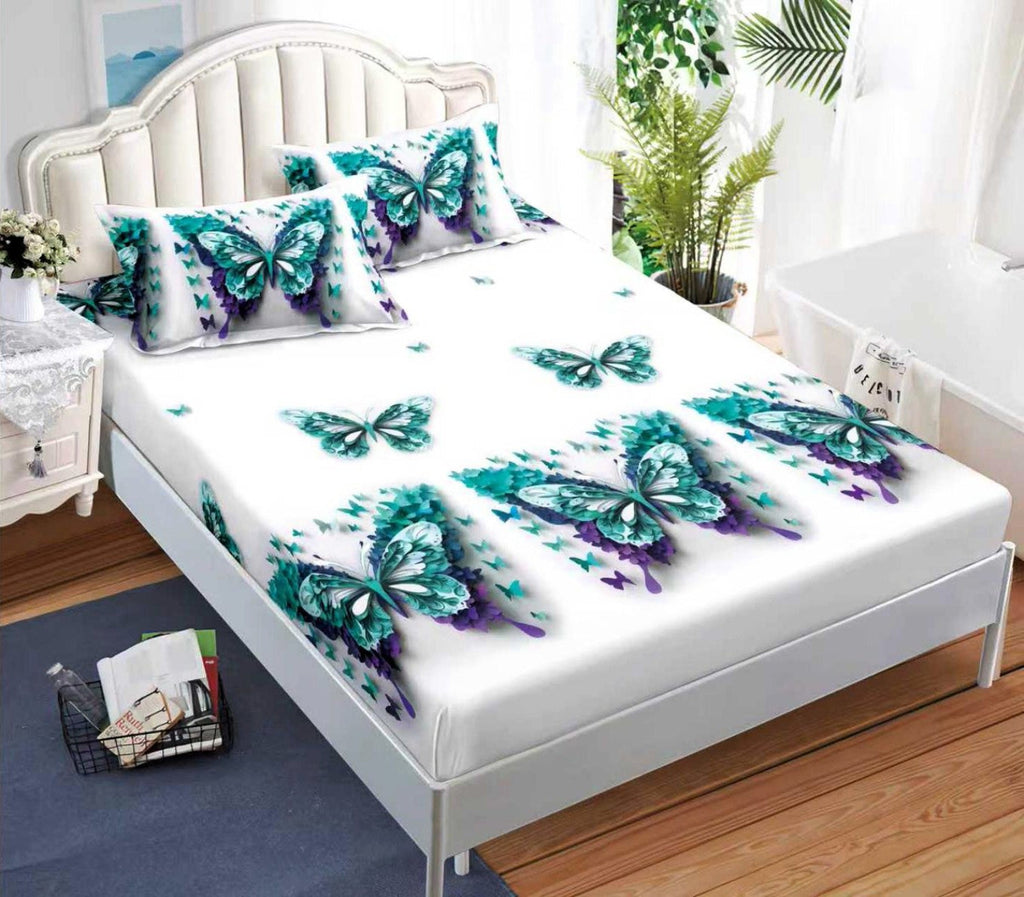 cearceaf pat cu elastic husa bumbac satinat superior 160x200 turcoaz alb fluturi CF45