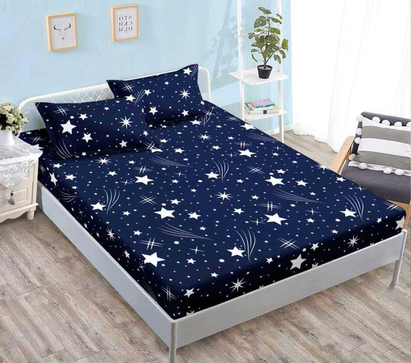 cearceaf pat cu elastic husa bumbac satinat superior 160x200 albastru alb stele CF05