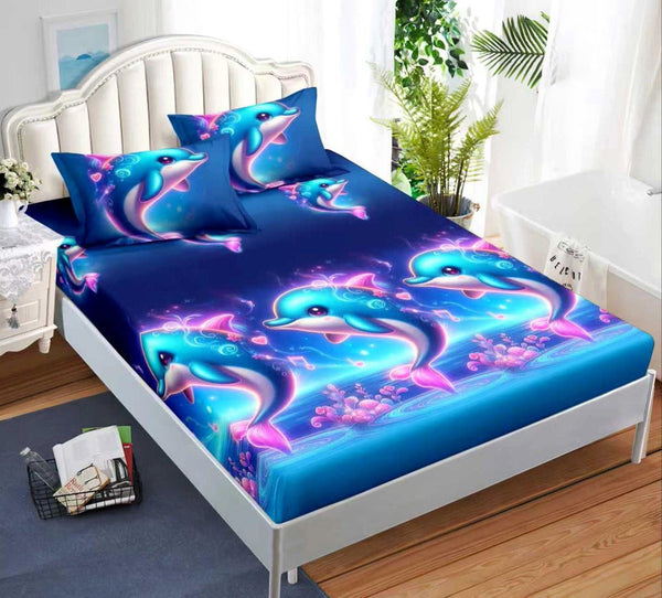 cearceaf pat cu elastic husa bumbac satinat superior 160x200 albastru roz delfin CF61