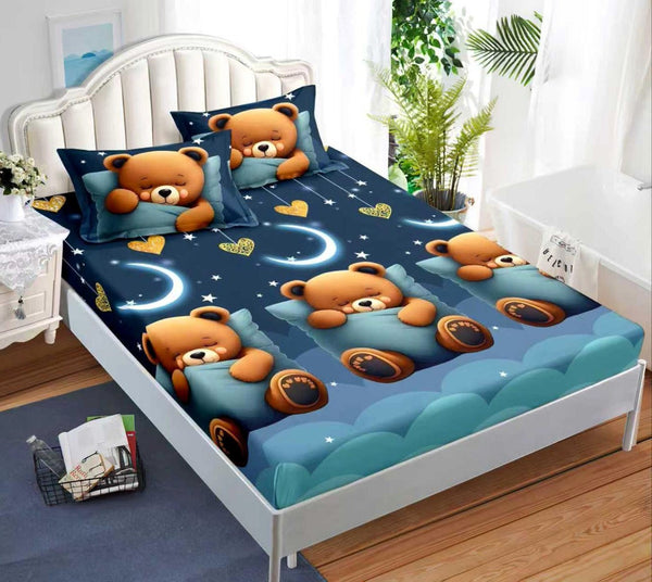 cearceaf pat cu elastic husa bumbac satinat superior 160x200 albastru maro ursuleti CF27