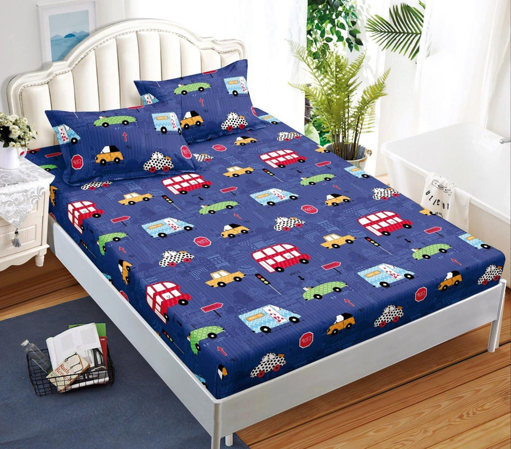 cearceaf pat cu elastic husa bumbac satinat superior 160x200 albastru masinute CG29