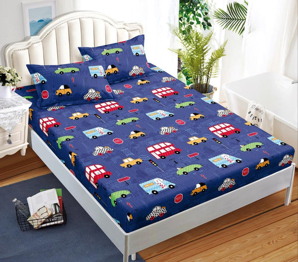 cearceaf pat cu elastic husa bumbac satinat superior 160x200 albastru masinute CG29