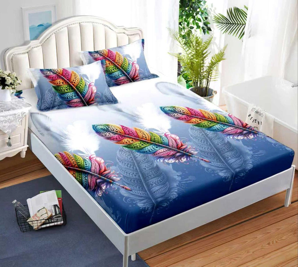 cearceaf pat cu elastic husa bumbac satinat superior 160x200 albastru multicolor pene CF48