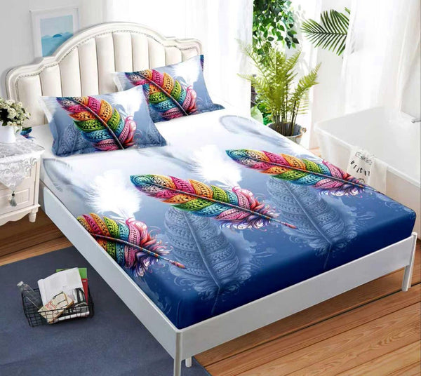 cearceaf pat cu elastic husa bumbac satinat superior 160x200 albastru multicolor pene CF48