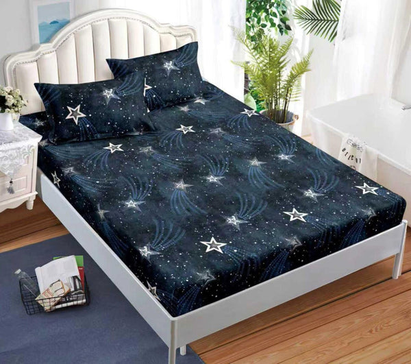 cearceaf pat cu elastic husa bumbac satinat superior 160x200 albastru gri stele CF53