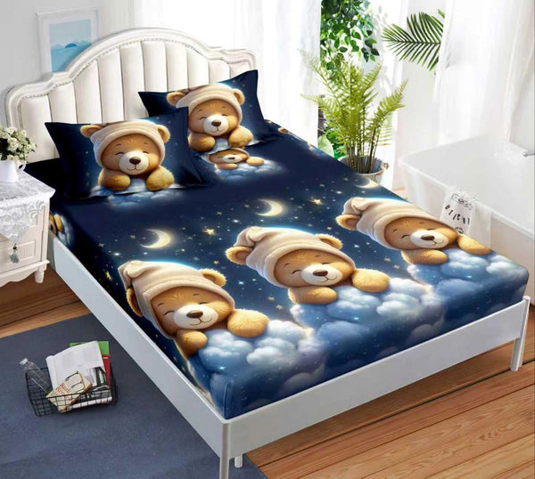 cearceaf pat cu elastic husa bumbac satinat superior 160x200 albastru maro nori ursuleti CF67