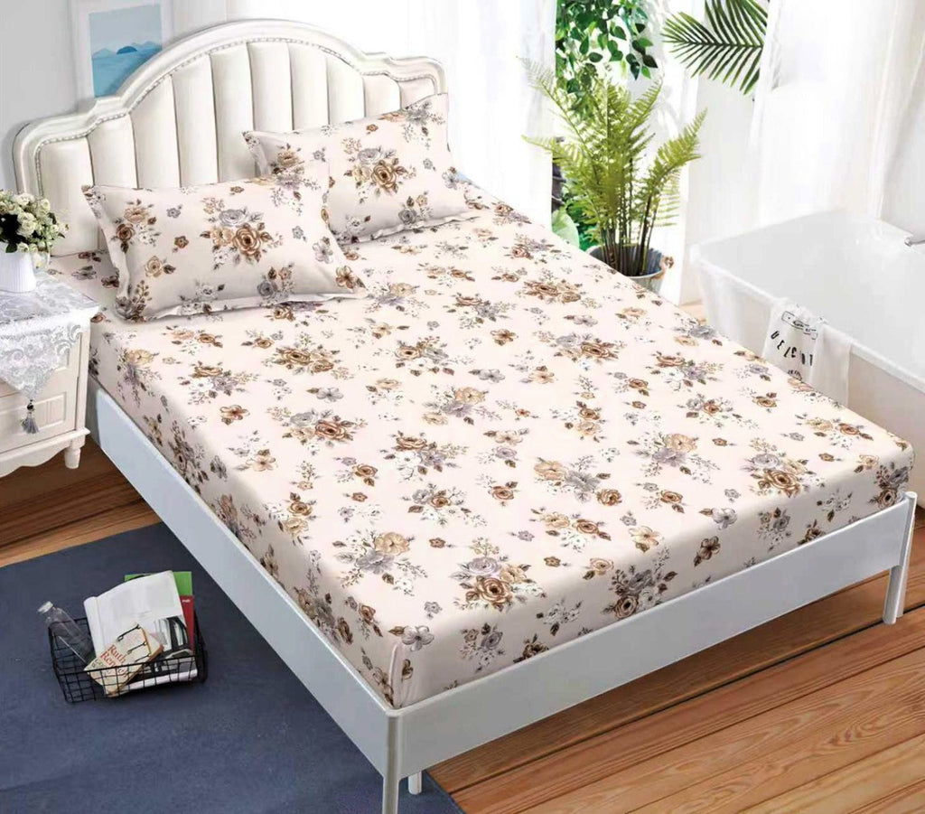 cearceaf pat cu elastic husa bumbac satinat superior 160x200 crem maro flori CF52