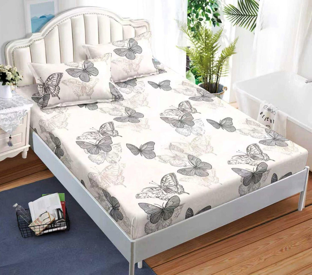 cearceaf pat cu elastic husa bumbac satinat superior 160x200 alb gri fluturi CF50