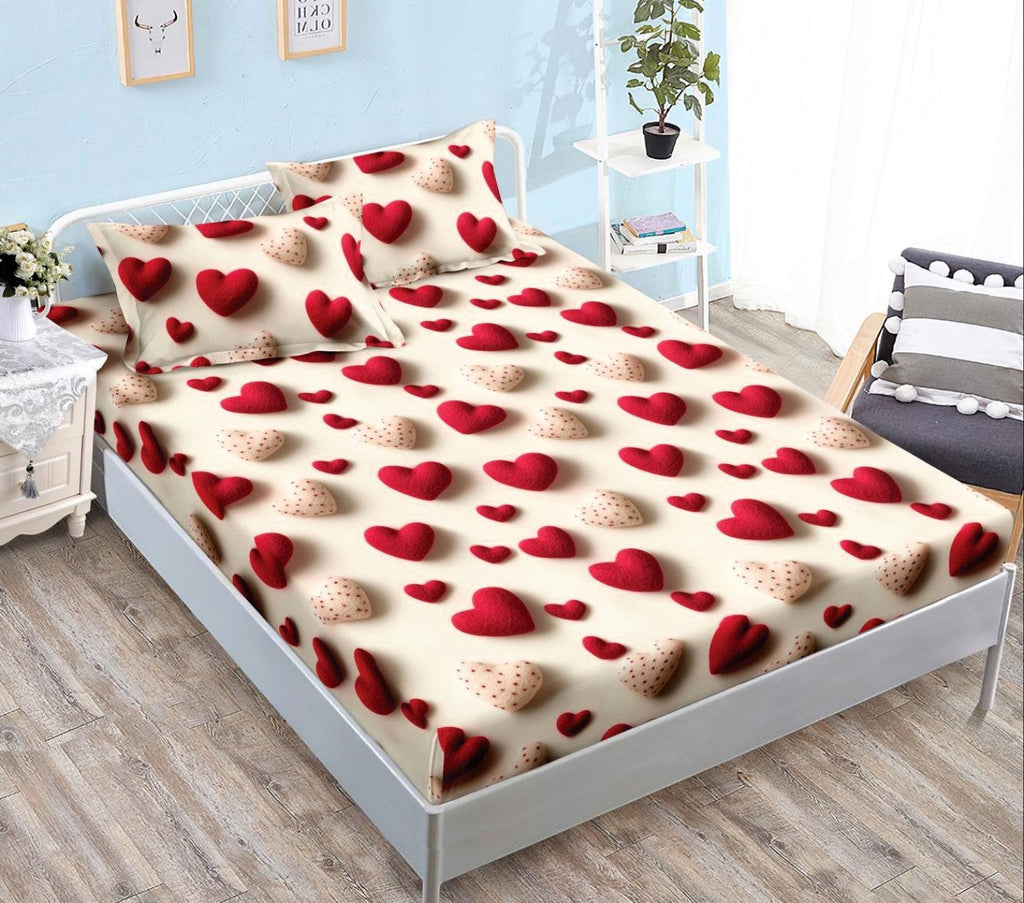 cearceaf pat cu elastic husa bumbac satinat superior 160x200 crem rosu inimioare CF23