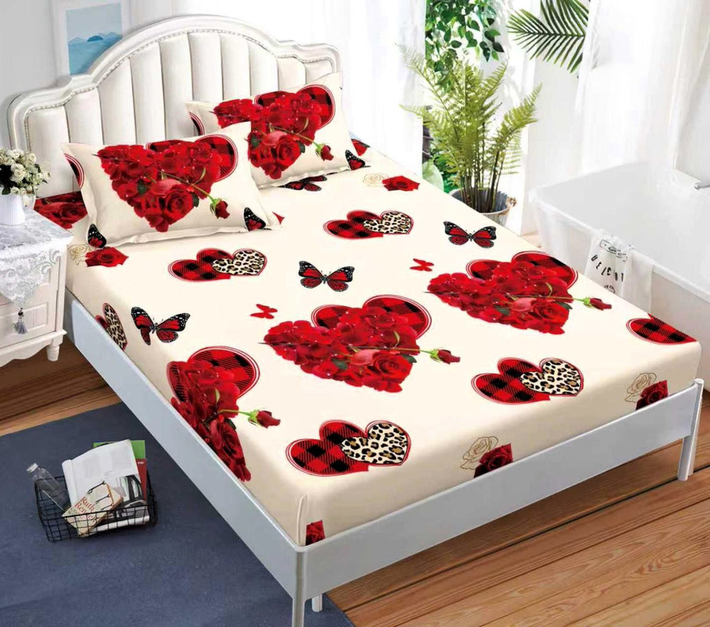 cearceaf pat cu elastic husa bumbac satinat superior 160x200 crem rosu inimioare flori CF44