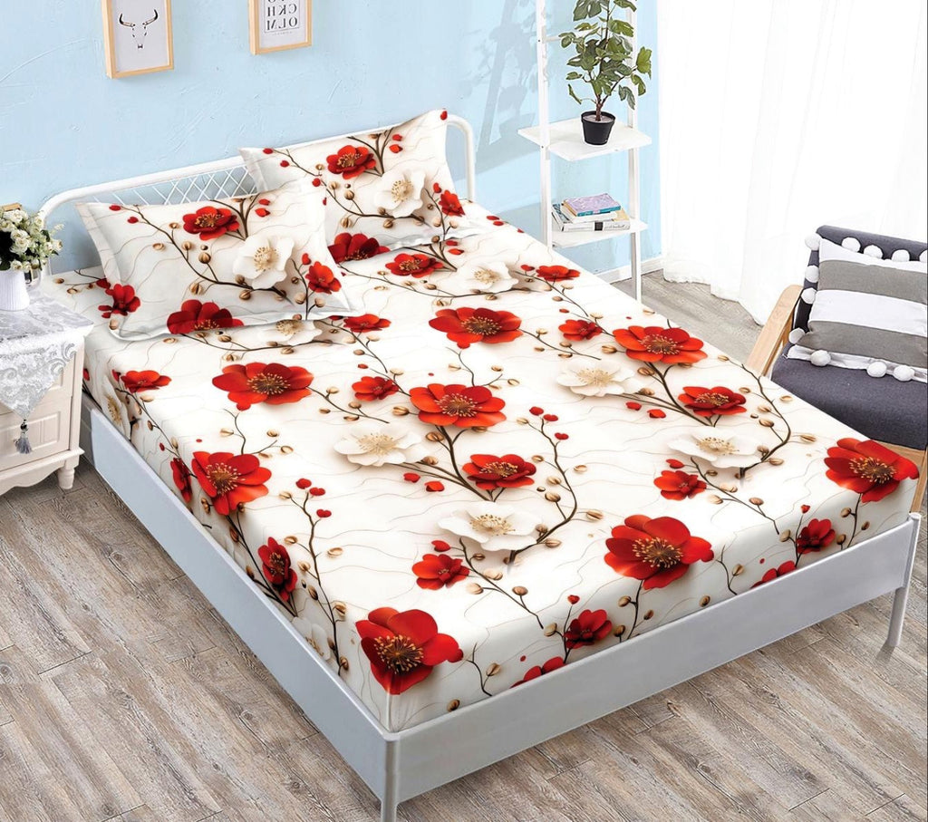 cearceaf pat cu elastic husa bumbac satinat superior 160x200 crem rosu flori CF65