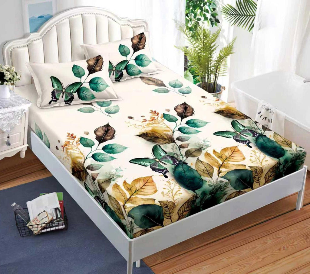 cearceaf pat cu elastic husa bumbac satinat superior 160x200 crem verde frunze CF57