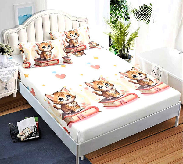 cearceaf pat cu elastic husa bumbac satinat superior 160x200 alb galben pisica CF60
