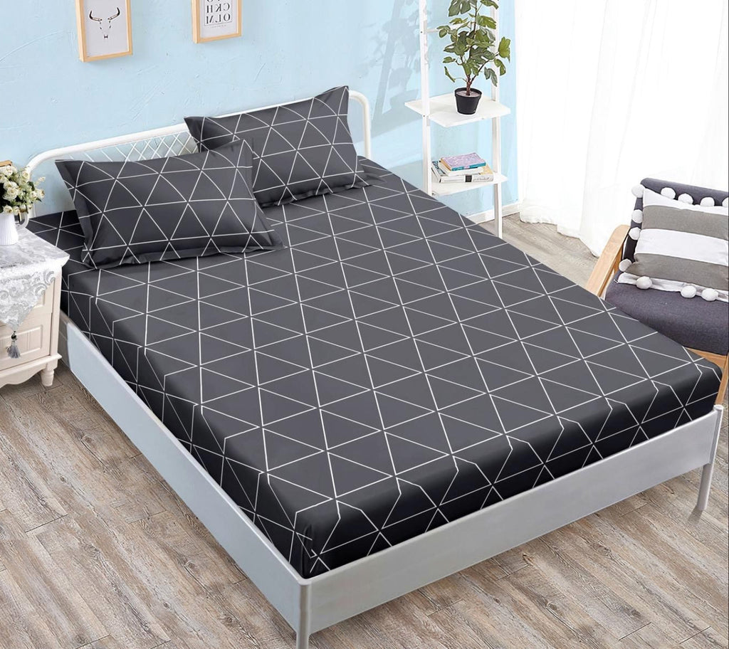 cearceaf pat cu elastic husa bumbac satinat superior 160x200 gri alb figuri geometrice CF41