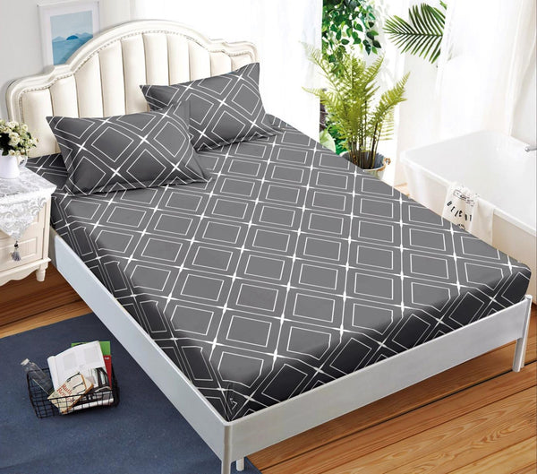 cearceaf pat cu elastic husa bumbac satinat superior 160x200 gri alb figuri geometrice CF78