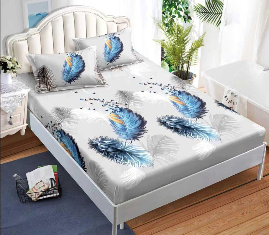 cearceaf pat cu elastic husa bumbac satinat superior 160x200 gri albastru pene CF82