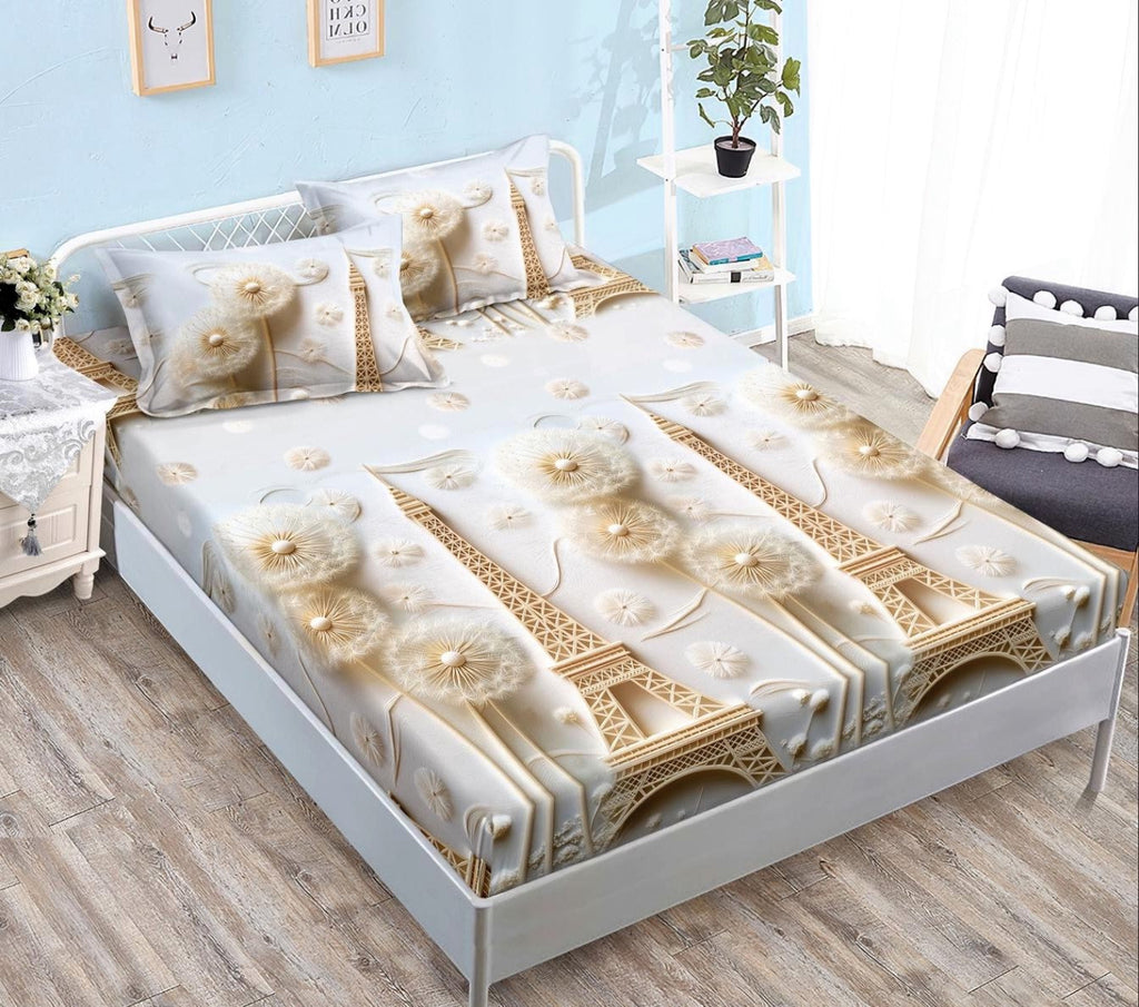 cearceaf pat cu elastic husa bumbac satinat superior 160x200 crem maro turnul eiffel CF13