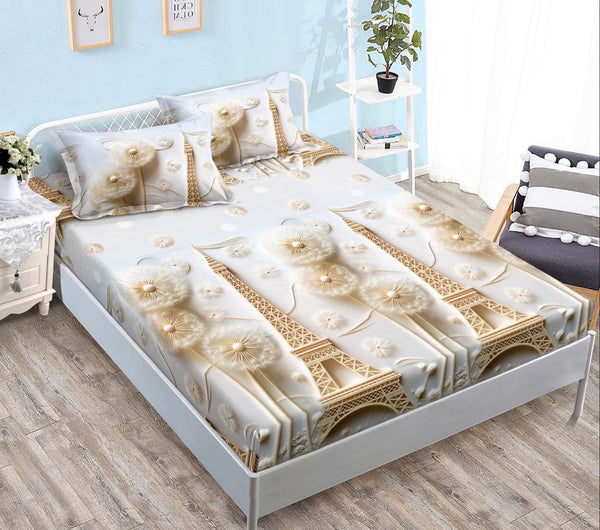 cearceaf pat cu elastic husa bumbac satinat superior 160x200 crem maro turnul eiffel CF13