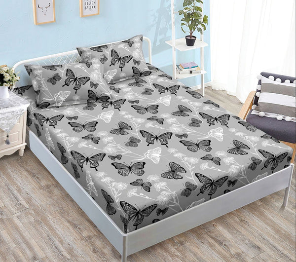 cearceaf pat cu elastic husa bumbac satinat superior 160x200 gri alb fluturi CF14