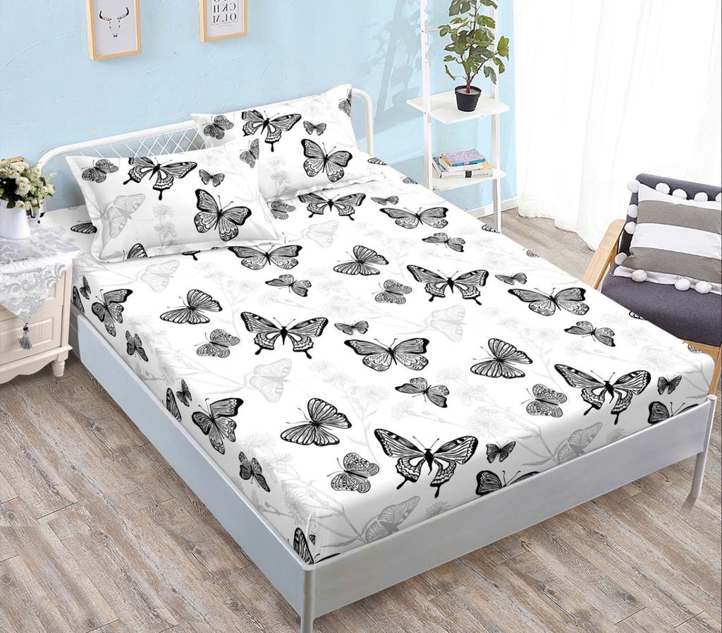 cearceaf pat cu elastic husa bumbac satinat superior 160x200 alb negru fluturi CF58