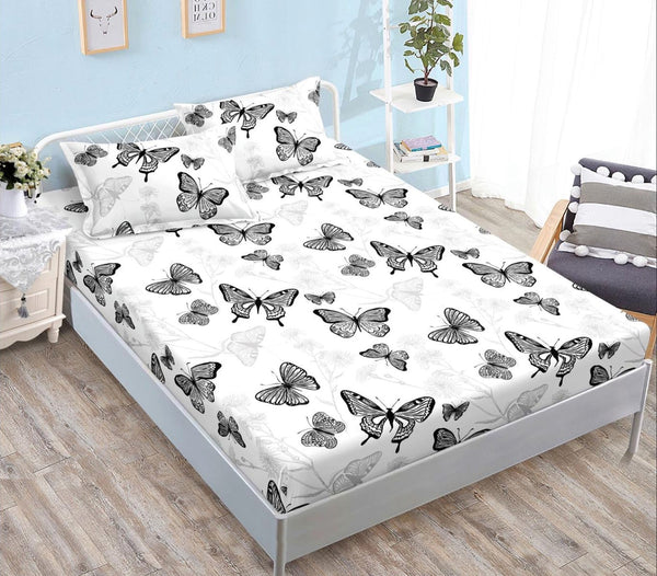 cearceaf pat cu elastic husa bumbac satinat superior 160x200 alb negru fluturi CF58