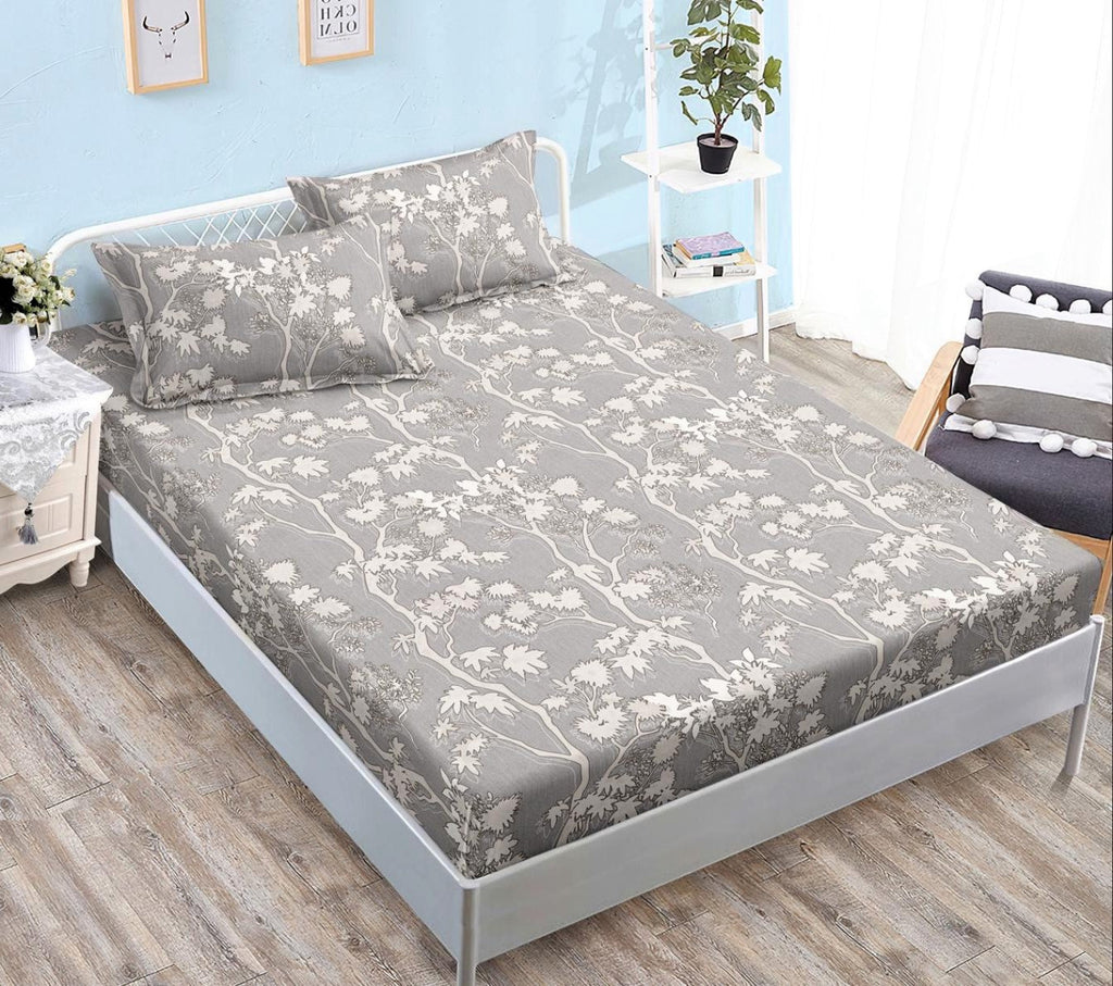 cearceaf pat cu elastic husa bumbac satinat superior 160x200 gri bej frunze CF55