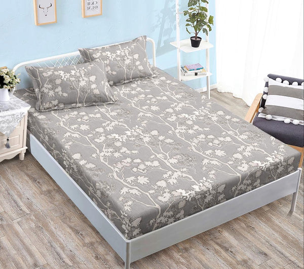 cearceaf pat cu elastic husa bumbac satinat superior 160x200 gri bej frunze CF55