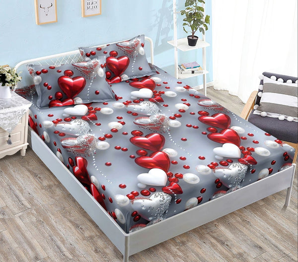 cearceaf pat cu elastic husa bumbac satinat superior 160x200 gri rosu Inimioare CF21