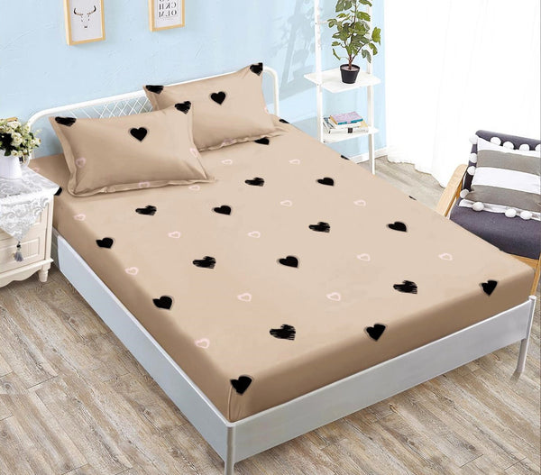 cearceaf pat cu elastic husa bumbac satinat superior 160x200 maro negru inimioare CF24