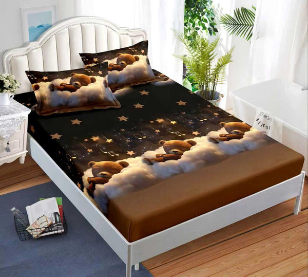 cearceaf pat cu elastic husa bumbac satinat superior 160x200 maro stele ursuleti CF46