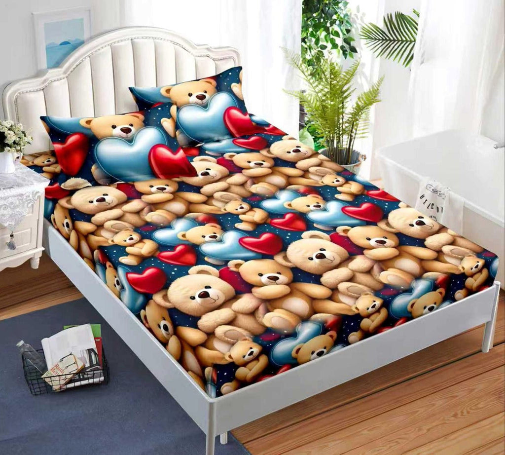 cearceaf pat cu elastic husa bumbac satinat superior 160x200 albastru maro ursuleti CF77